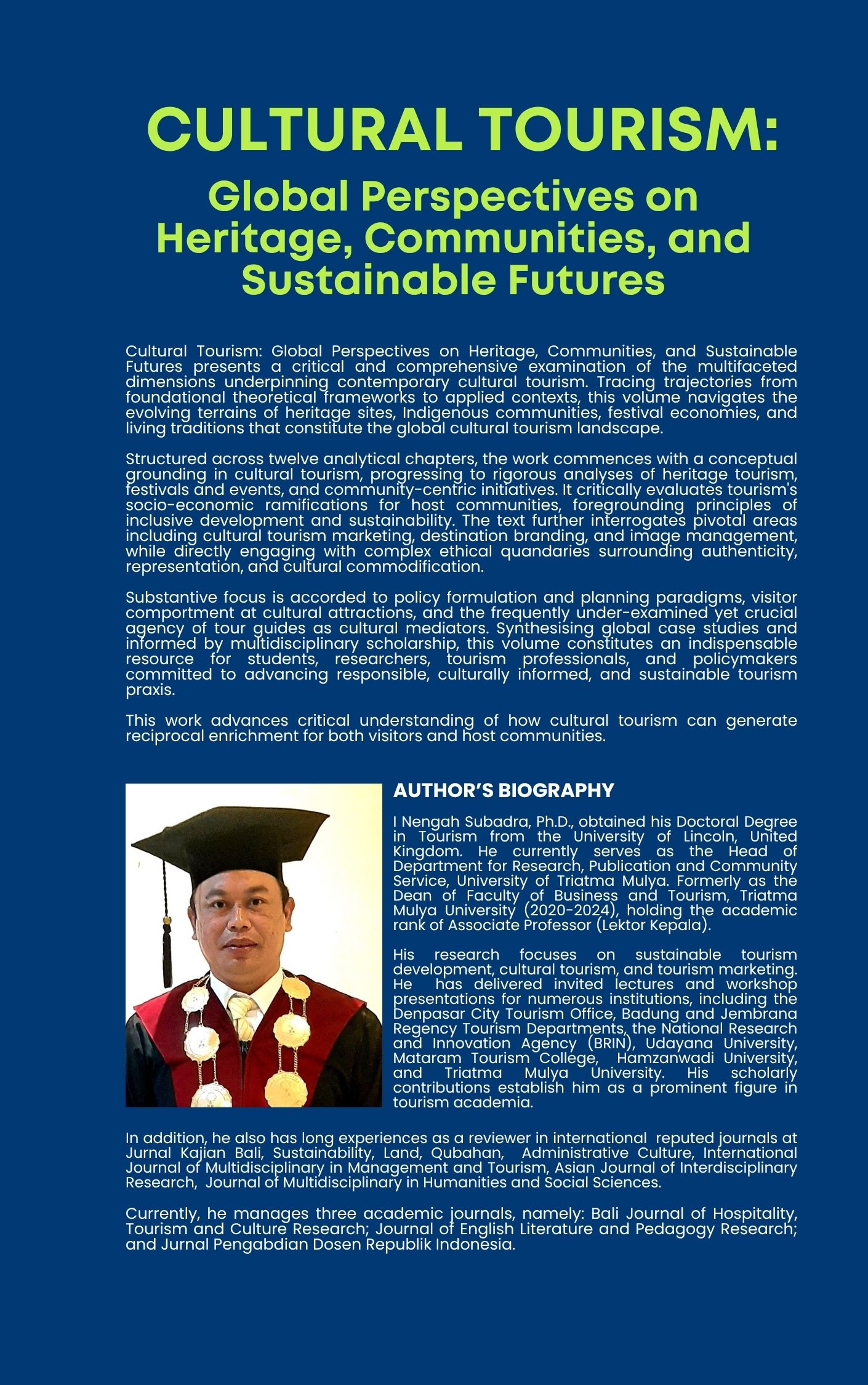 CULTURAL TOURISM: Global Perspectives on Heritage, Communities, and Sustainable Futures cover belakang