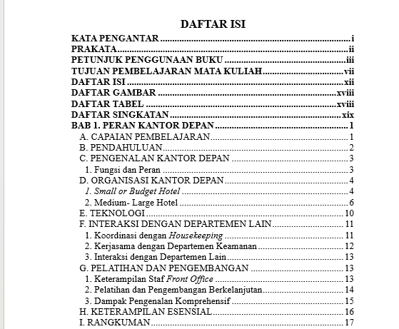 Pengantar Kantor Depan Hotel: Berbasis Konsep, Kasus, dan Penelitian daftar isi