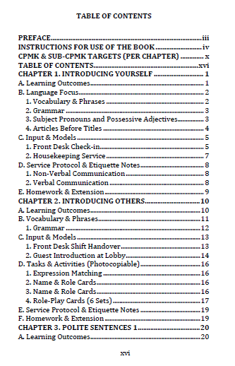 English Professional Hospitality Accommodation Front Office daftar isi