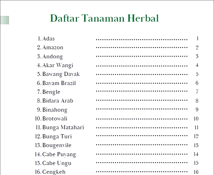 Katalog Tanaman Herbal (Herbal Garden Kampung Jahe Pulesari) daftar isi