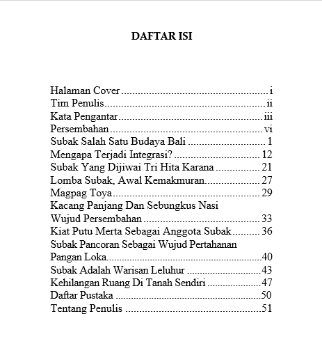 Integrasi Dua Budaya (Subak Pancoran) daftar isi