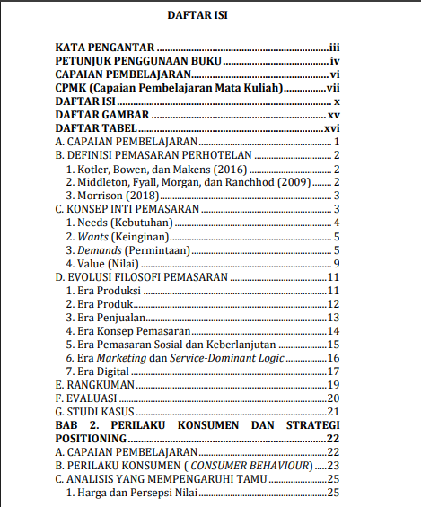 Manajemen Pemasaran Hotel daftar isi