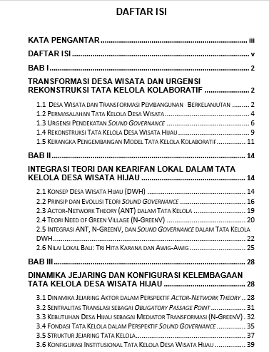 Tata Kelola Kolaboratif untuk Formulasi Kebijakan Desa Wisata Hijau di Bali: Integrasi Teori Sound Governance, Actor-Network Theory, Teori N-GreenV daftar isi